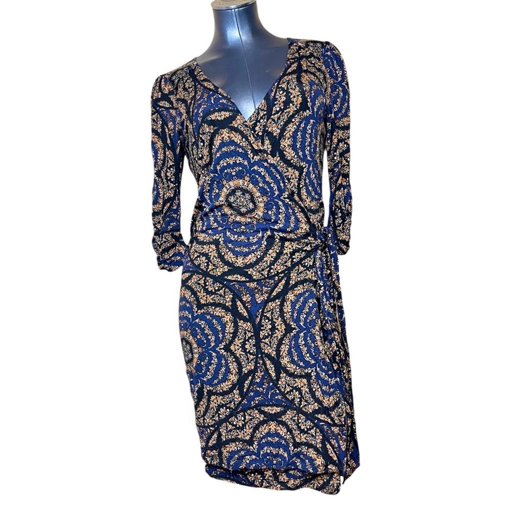 Boho Vanessa Virginia x Anthropologie Pattern Navy Faux Wrap Midi Dress Size